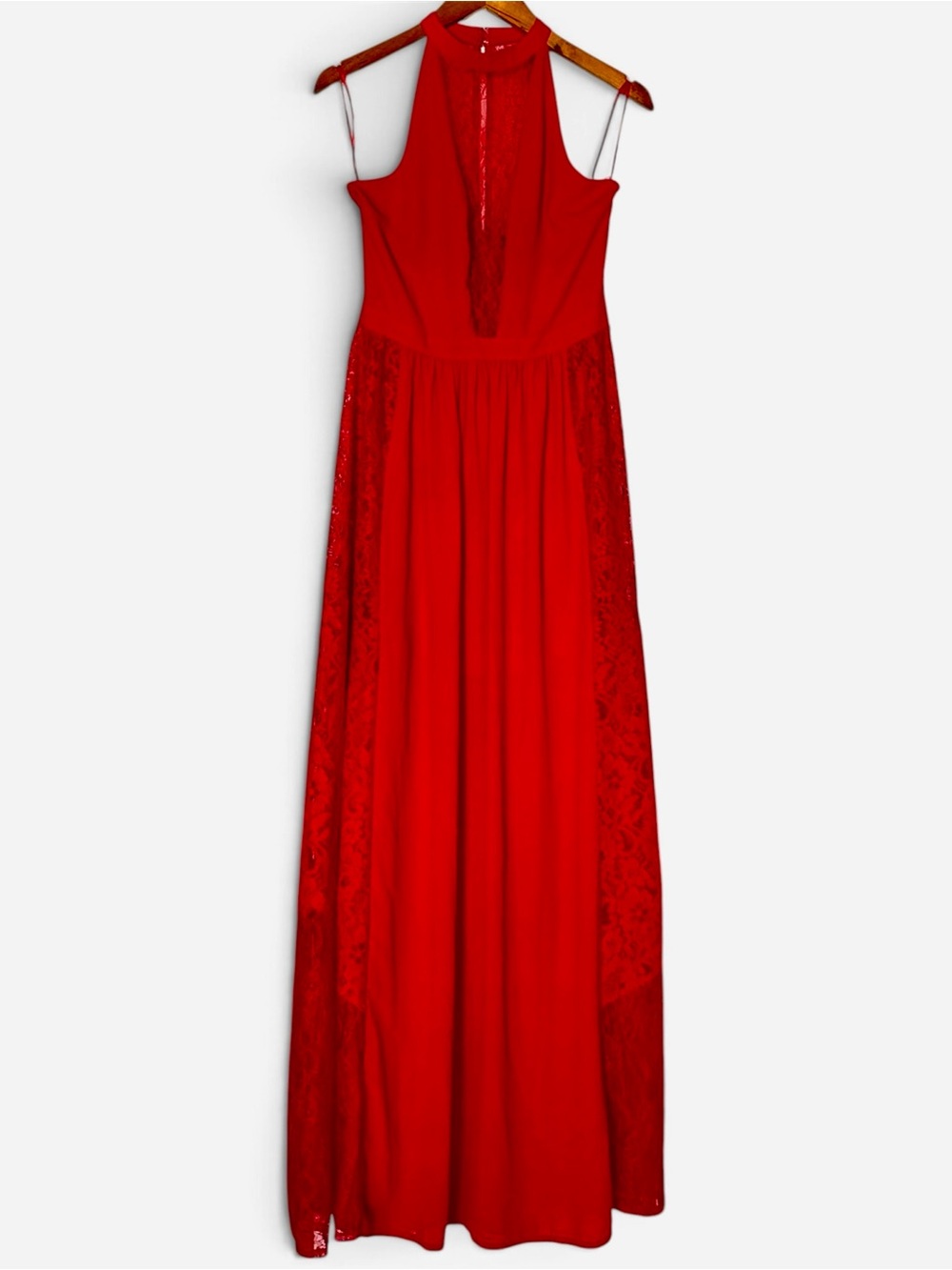 Express Red Halter Lace-Panel Maxi Dress